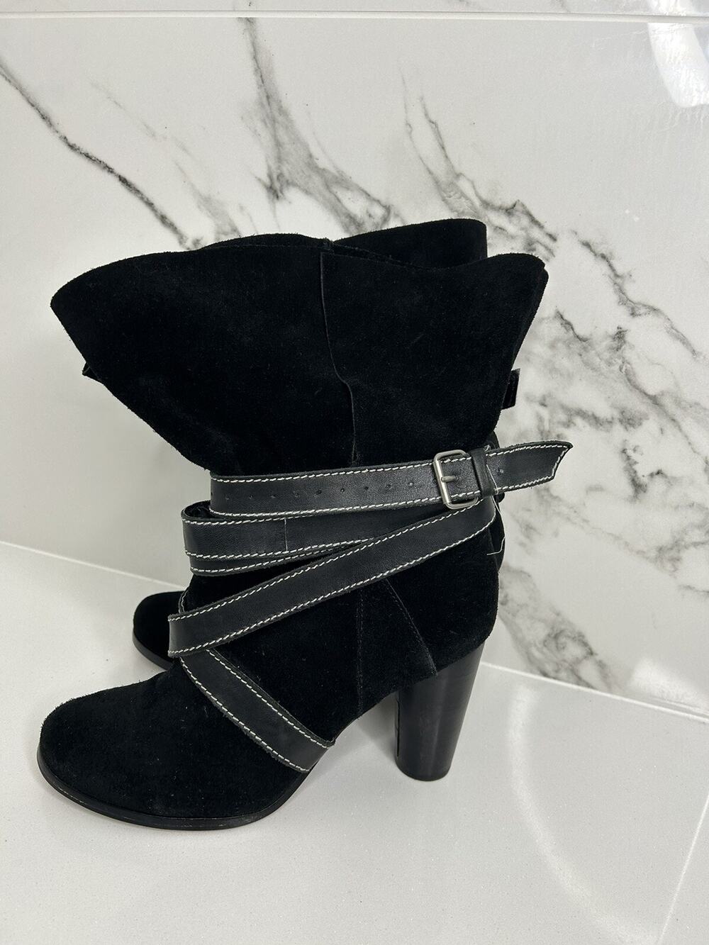 RoseGold Black Leather Casual Ankle Moto Biker Heeled Boots Sz 7.5 Suede EUC